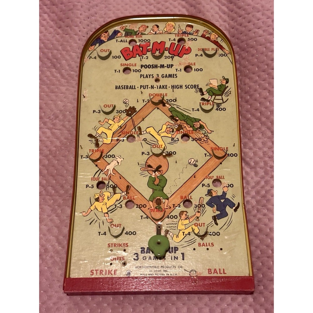 Vintage Poosh M Up Pinball BAT M UP No 408 Pin Game Northwestern Products Co